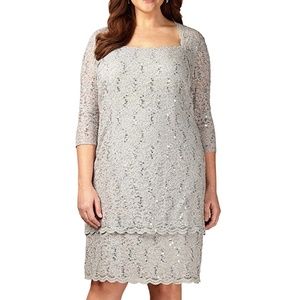Alex Evenings Cocktail Silver&Sequin Lace Dress16W